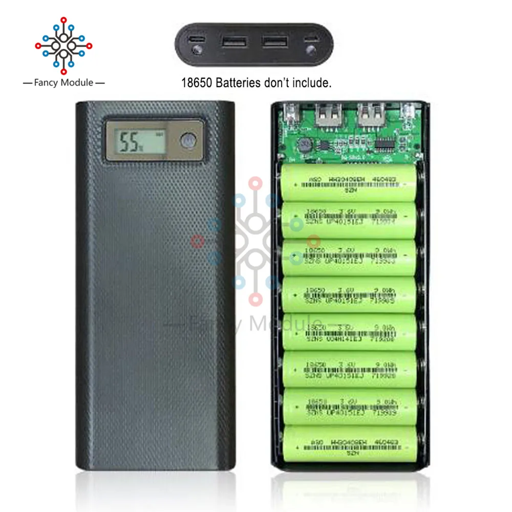 Черный DIY Kit 8 шт. 18650 аккумуляторная батарея Чехол Двойной USB 5V1A/5V2. 1A зарядное устройство Банк Питания Крышка индикатор ЖК-дисплей type-C Micro USB вход - Цвет: Черный