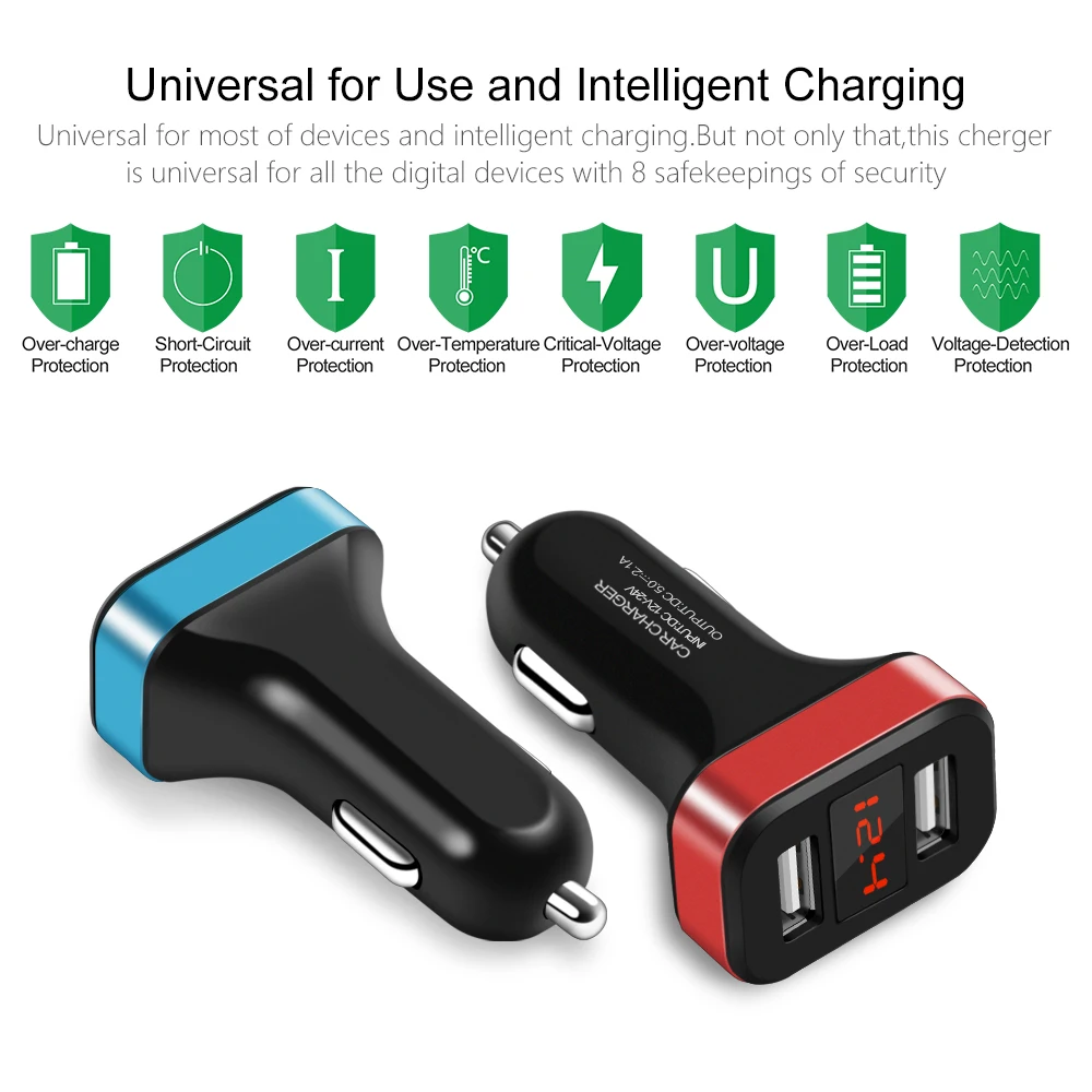 Светодио дный экран автомобильное зарядное устройство для iPhone Samsung 2 Port USB умный