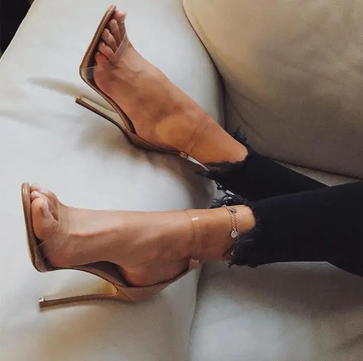 

Elegant Beige Suede Sandals Women 2019 Clear PVC Ankle Strap High Heel Gladiator Summer Sandals Dress Shoes Cut-out Hollow Shoes