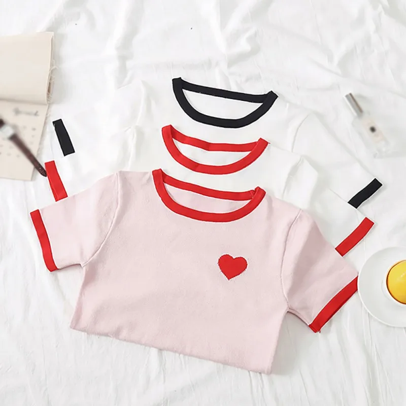 Women's Summer Color Block Heart Embroidery O Neck Knitted Short Sleeve Knitwear Pullover Women T shirt | Женская одежда