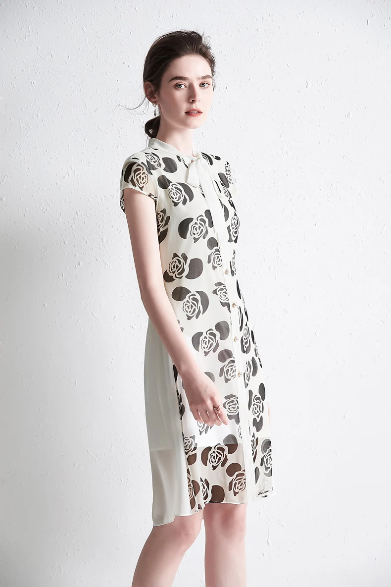 Женское платье с бантом повседневное летнее из 100% шелка коротким рукавом и