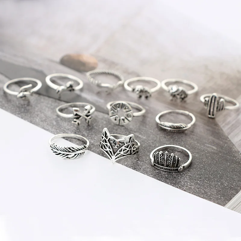 Vintage Knuckle Finger Ring Set For Women Fox Elephant Horse Heart Crown Rings Boho Jewelry 12 PCS/Lot | Украшения и аксессуары