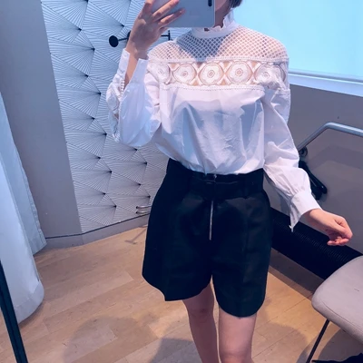 White Office Women White Cotton Shirts Designer Long Sleeve Female Lace Patchwork Blouses - Цвет: White