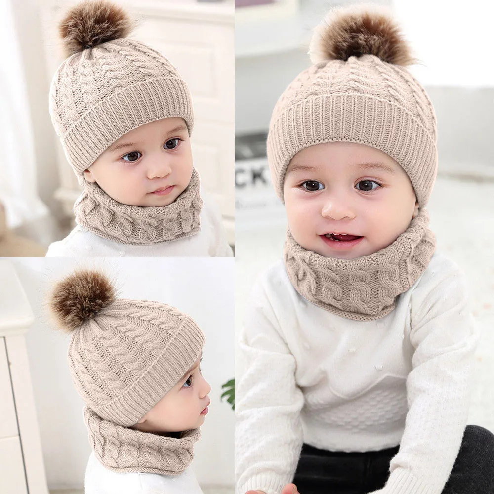 2Pcs infant girl baby winter warm knit hat cap + scarf suit 2019 new children two-piece | Детская одежда и обувь