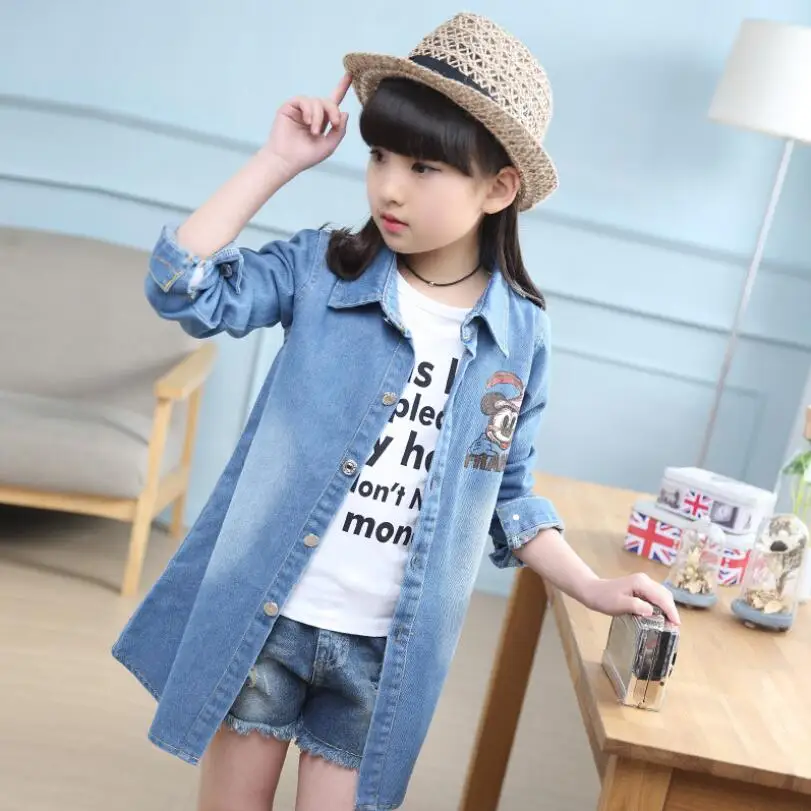 Spring Clothing Jeans Coat for Girls Denim Jackets Cartoon Children Outerwear Kid Active Autumn Clothes Teenager Long Trench Top | Детская
