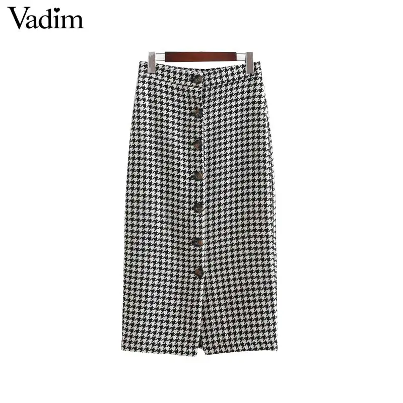 Vadim Женская винтажная клетчатая миди юбка faldas mujer Houndstooth пуговицы Ретро одежда