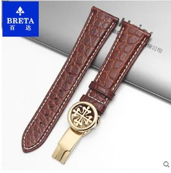 Huxie крокодил кожаный ремешок подходит для patek наручные часы ремешок клапан-бабочка ПП кнопки Для мужчин мужских наручных часов 19 мм/20 мм/22 мм - Цвет ремешка: 4 gold clasp