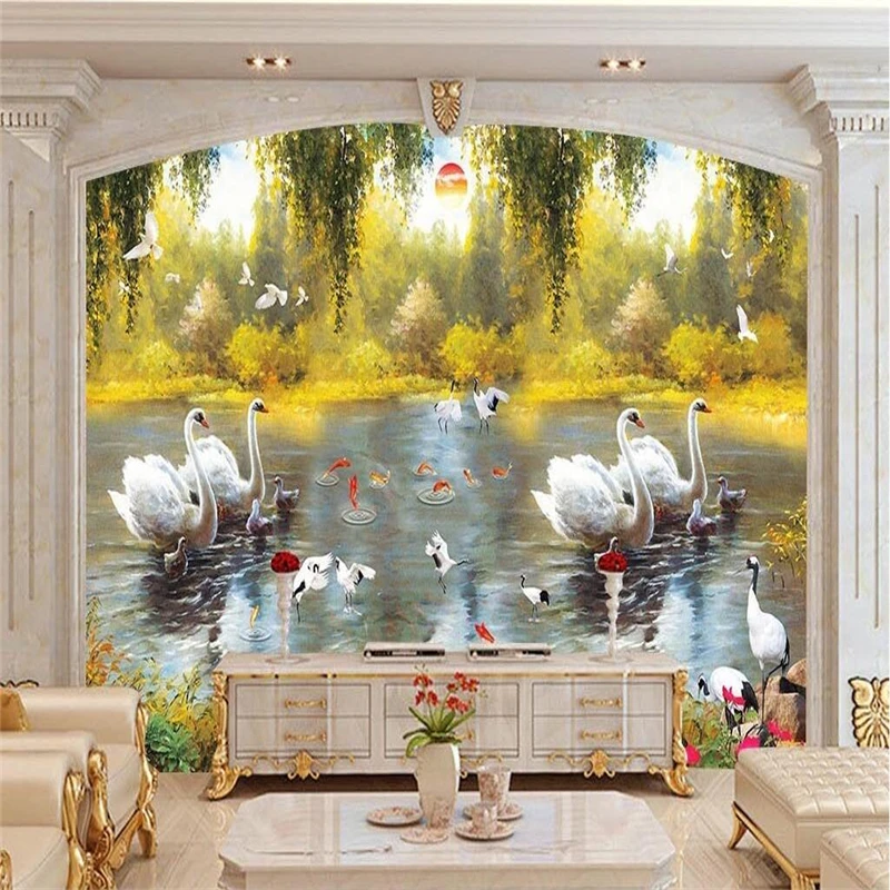 

European Wallpapers 3D Stereoscopic Swan Lake Painting Photo Wall Mural Autumn Wallpapers Wall Papers for Living Room Home Decor