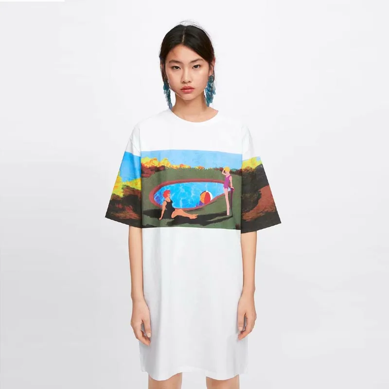 QZ919 летнее модное платье с круглым вырезом и принтом чернилами женские