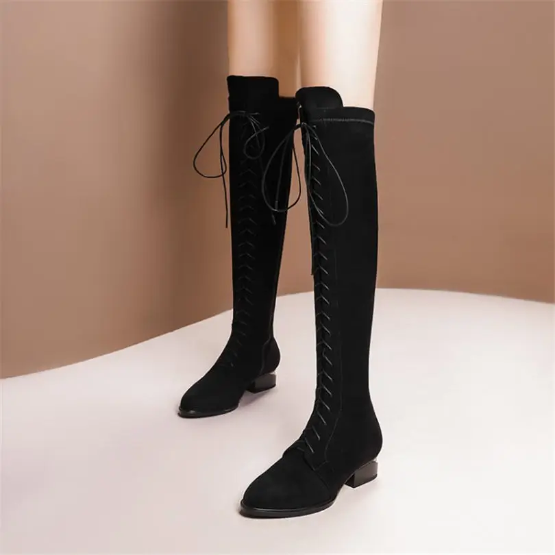 Сапоги женские до бедра повседневная обувь из искусственной замши на шнуровке