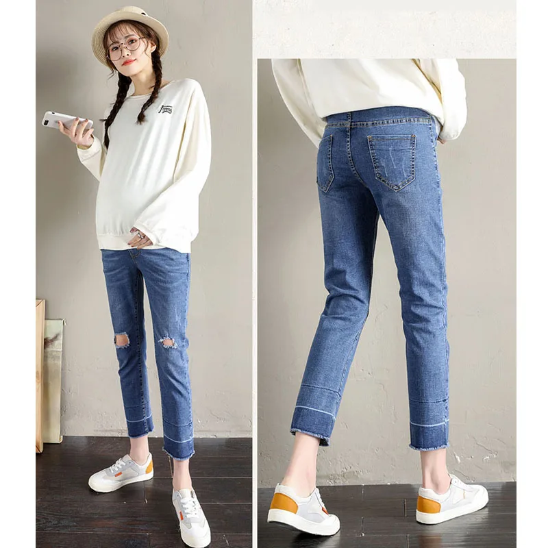 2019 весенние джинсы с дырками для беременных Брюки прямые кормящих матерей Одежда