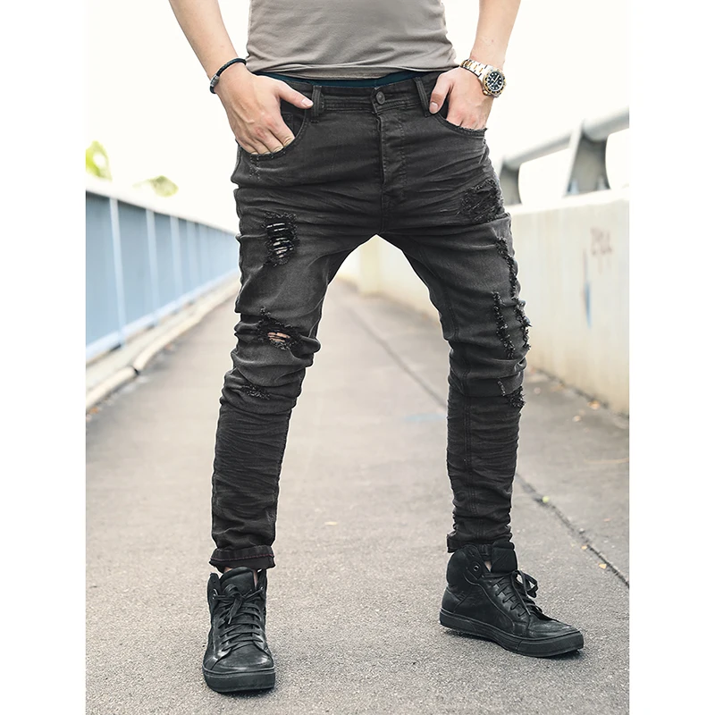Fashion Streetwear Men Jeans Black Color Spliced Designer High Quality Hip Hop Denim Cargo Pants Big Size 29-42 Biker | Мужская одежда