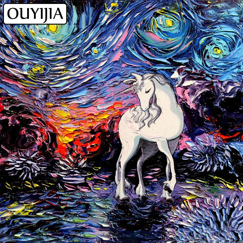 

OUYIJIA Единорог Искусство Стразы Вышивка Лошадь Животное 5D DIY алмазная живопись полная квадратная мозаика вышивка крестиком украшение для до...