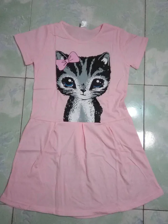 Girl bowtie Cat Print Dress Child dresses Summer new Knee-length Baby Cartoon Loose Short Sleeve Kids Girls Clothing | Детская одежда и