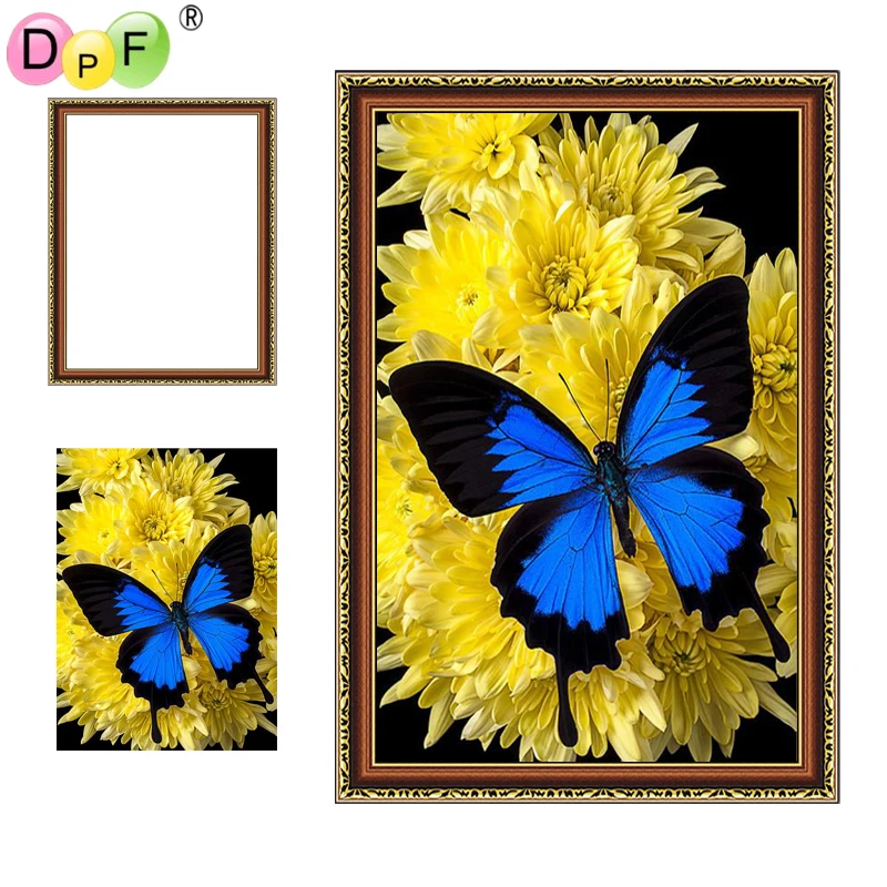 DPF DIY New Framed Diamond Embroidery Chrysanthemum butterfly 5D Round full Painting Cross Stitch Rhinestone home Decor | Дом и сад