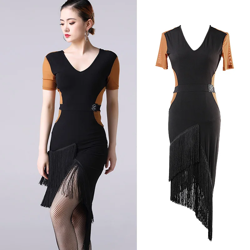 Latin Dance Dress Adult Female Sexy V-Neck Fringed Short Sleeve Dresses For Women'S Ballroom Samba Practice Dance Clothes DL3988