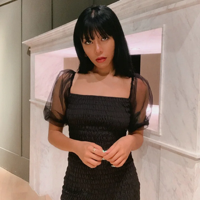 Милое Платье с квадратным воротником и пышными рукавами облегающее платье для