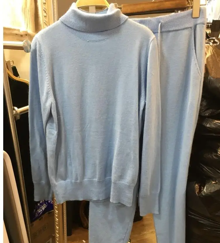 LIGHT blue Весенний шерстяной и 45% кашемировый вязаный теплый Костюм Бархатный свитер с высоким воротником+ кашемировые брюки из норки комплект из 2 предметов для отдыха wj79 - Цвет: LIGHT blue