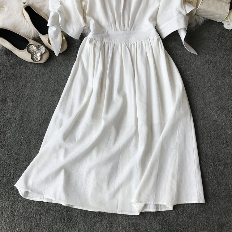 Женское Летнее Пляжное Платье с V-образным Вырезом Короткие Рукава Узел Кнопка Mиди Хлопок Белье Повседневное Белое Платье Сарафан Дамские Платья Каникулы