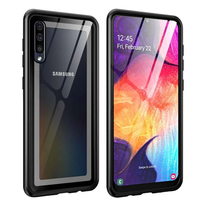 black Роскошный Алюминиевый металлический защитный чехол для samsung Galaxy A50, чехол для телефона, тонкая рамка, бампер, задняя прозрачная стеклянная крышка KS0187 - Цвет: black