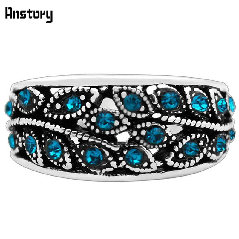 Листьев растений Кристалл Кольца для Для женщин Винтаж старинное серебро