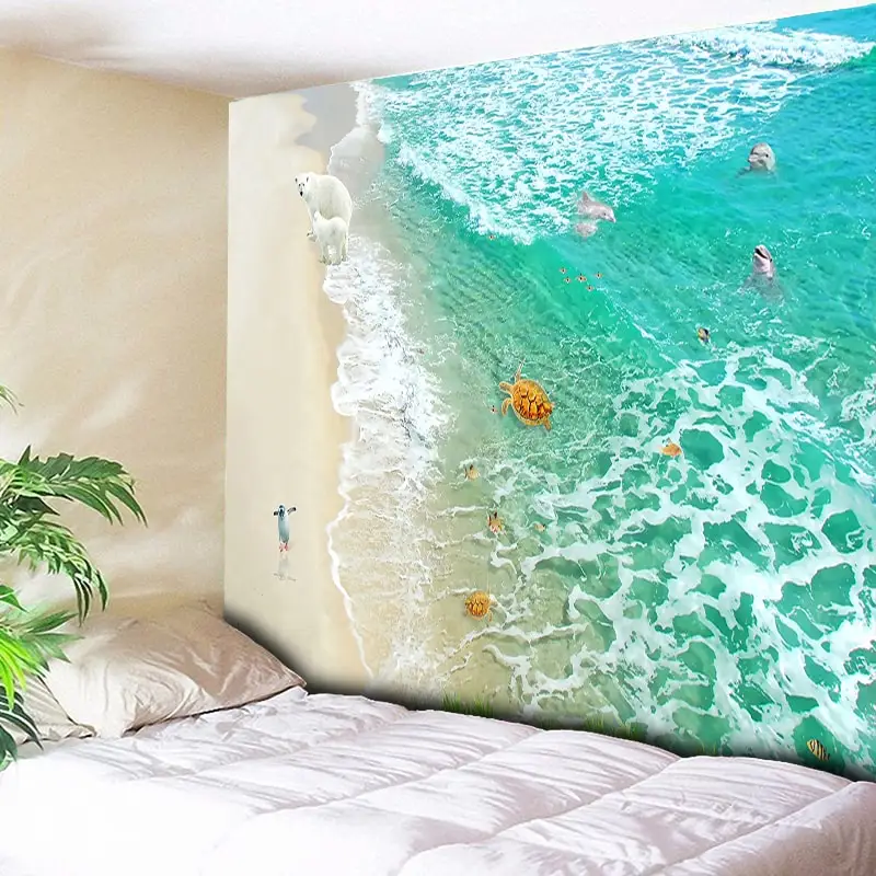 

Hippie Tapestry Wall Hanging Jade Green Sea Wave Home Decor Psychedelic Tapestry Penguin Turtle Beach Decorative Wall Carpet New