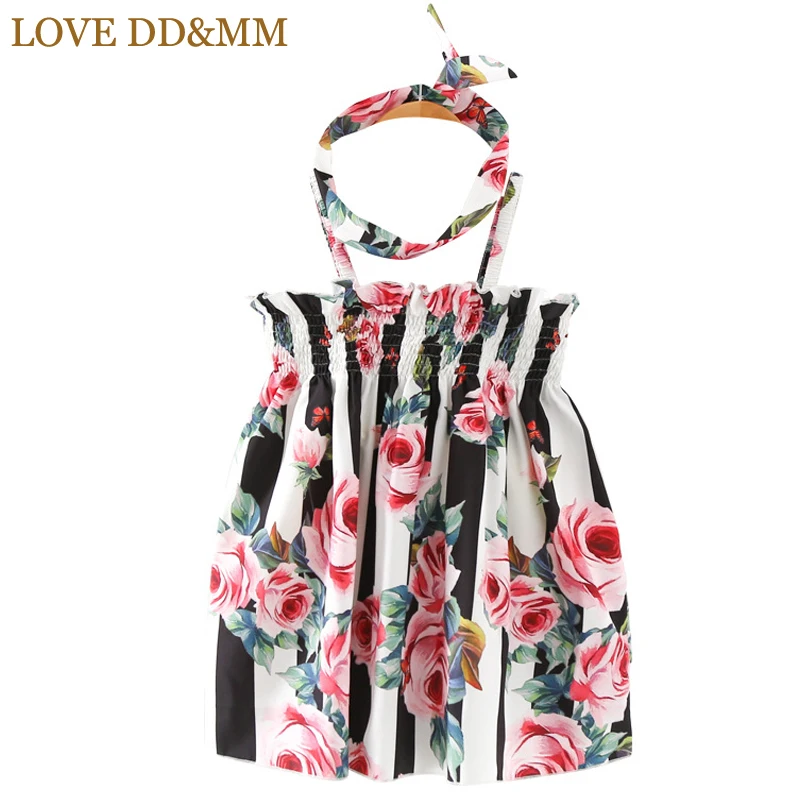LOVE DD&ampMM Girls Dresses Summer New Kids Fashion Sexy Stripe Floral Print Strap Dress + Hair Accessories | Детская одежда и