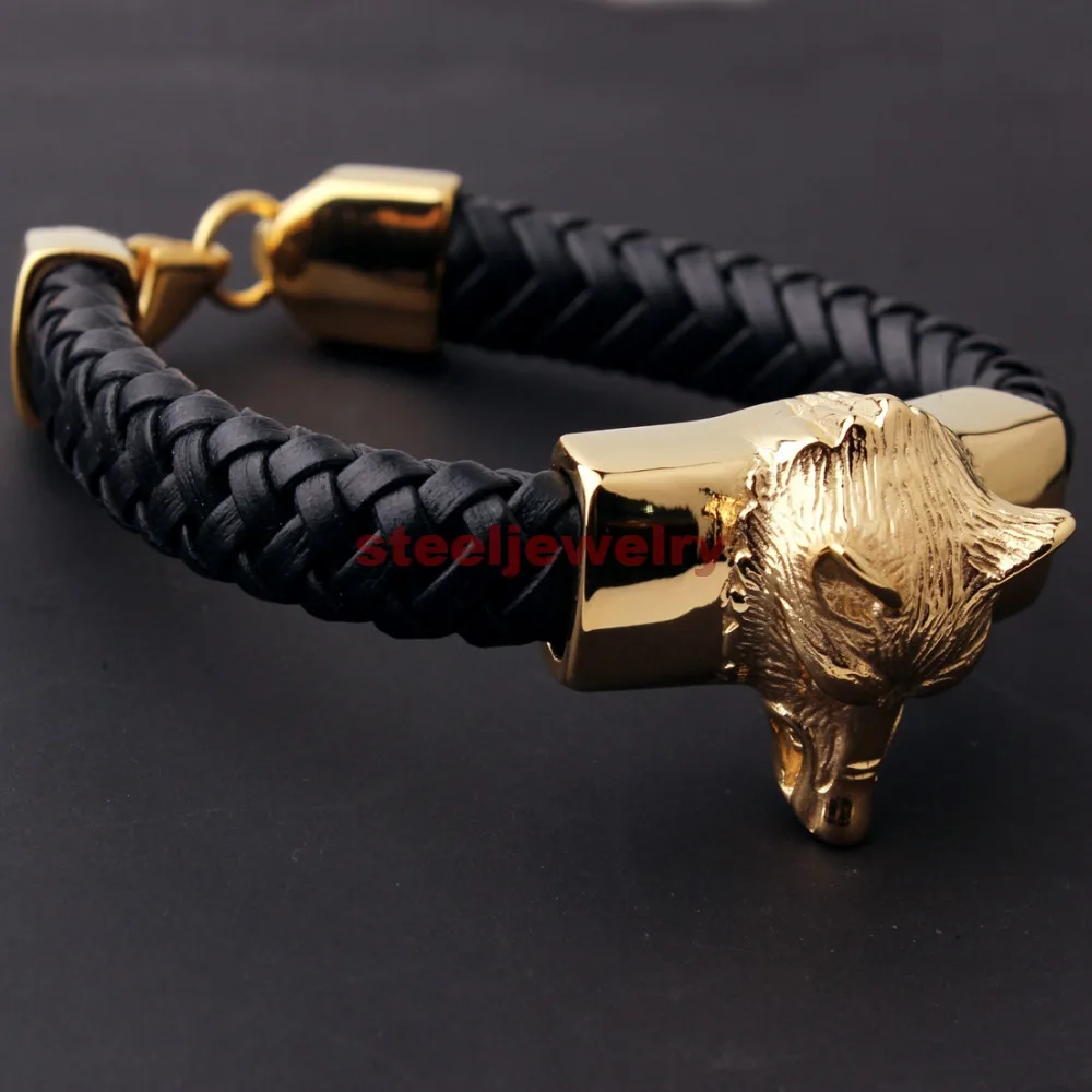 New Cool Men's Silver/Gold Stainless Steel Wolf Braided Black Genuine Leather Bracelet 8.26&quot15mm | Украшения и аксессуары