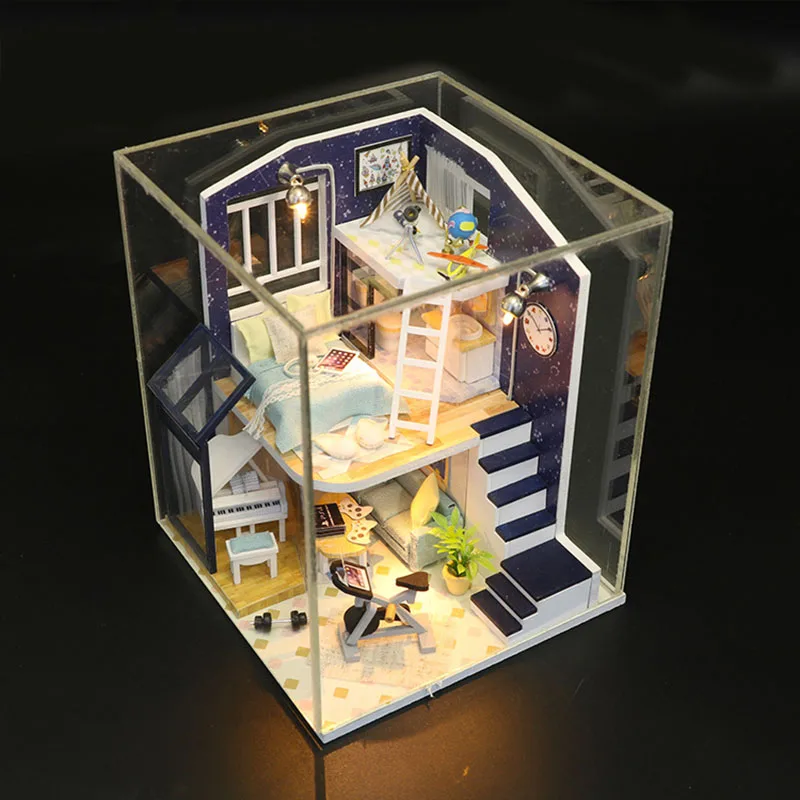 with dust cover Кукольный дом Лофт миниатюрные сборные игрушки 3D ручной деревянный мини кукольный домик игрушка с мебели светодиодный свет для детей подарок на день рождения - Цвет: with dust cover