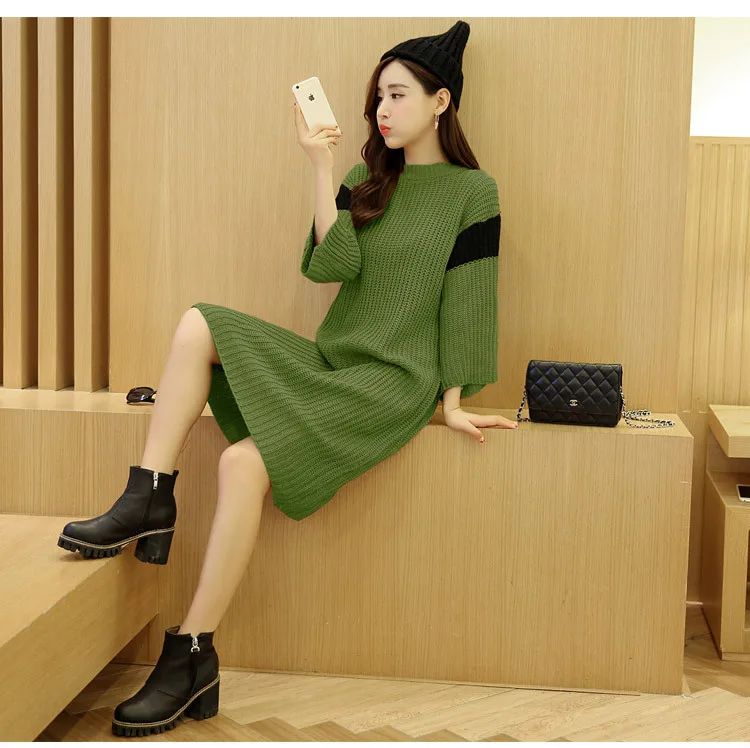 

women casual green long length dress sweater