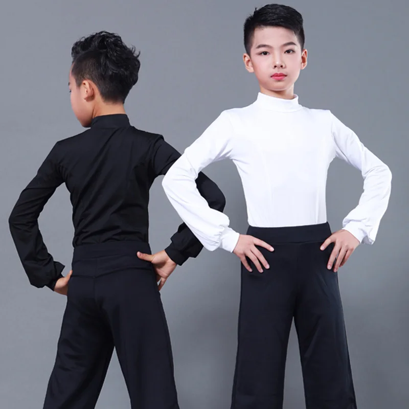 

Топ для латинских танцев, рубашка из молочного волокна с длинными рукавами и высоким воротником для мальчиков, рубашка для латинских танцев...