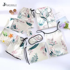 Пижамный комплект Женский, Шелковый, с цветочным принтом, на бретелях-спагетти, 7 предметов, домашняя одежда