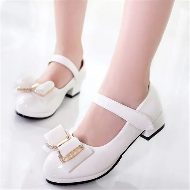 Детские кожаные туфли принцессы с бантом бабочкой на высоком каблуке для