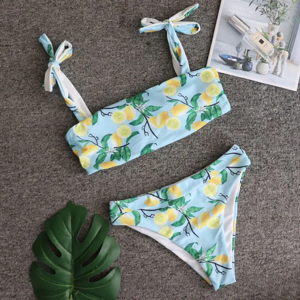 Купальник SAGACE Бандажное бикини с принтом лимона и пуш апом без бретелек высокой