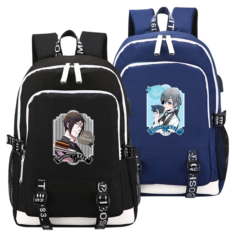 Kuroshitsuji Черный рюкзак с принтом дворецкий USB зарядка Рюкзак для ноутбука