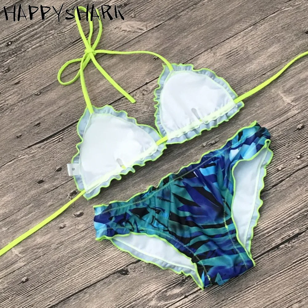 HAPPYSHARK 2018 Sexy Fold Edge Brazilian Bikinis Set Women Floral Printed Halter Trikini Biquinis Female Low Rise Swimwear |