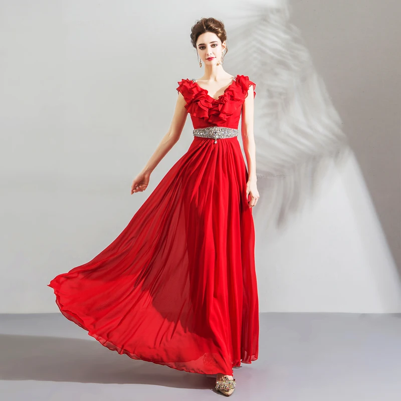 JaneVini Vestidos A Line Mother of Bride Dress V Neck Tiered Ruffles Sequined Crystal Red Chiffon Evening Party Gowns for Women | Свадьбы и