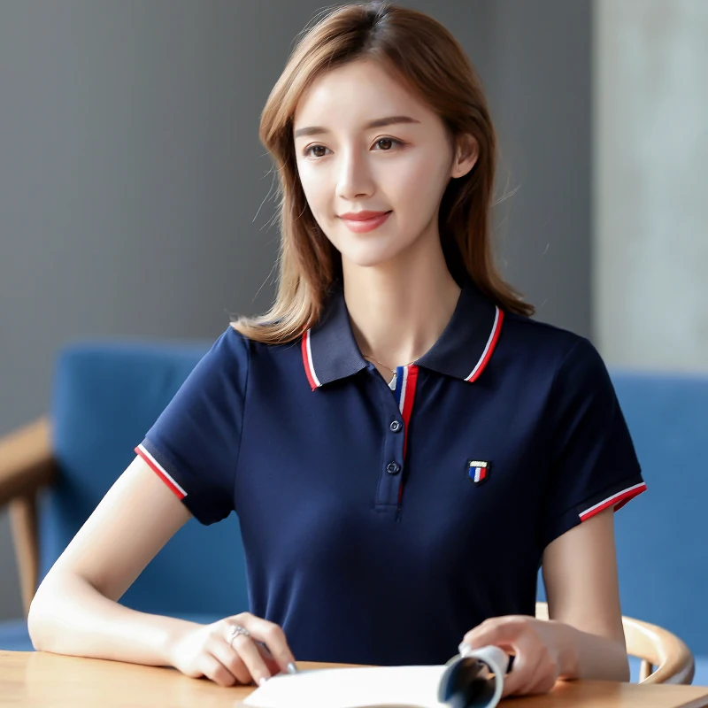 Женские рубашки поло с коротким рукавом вышивкой повседневные женские топы