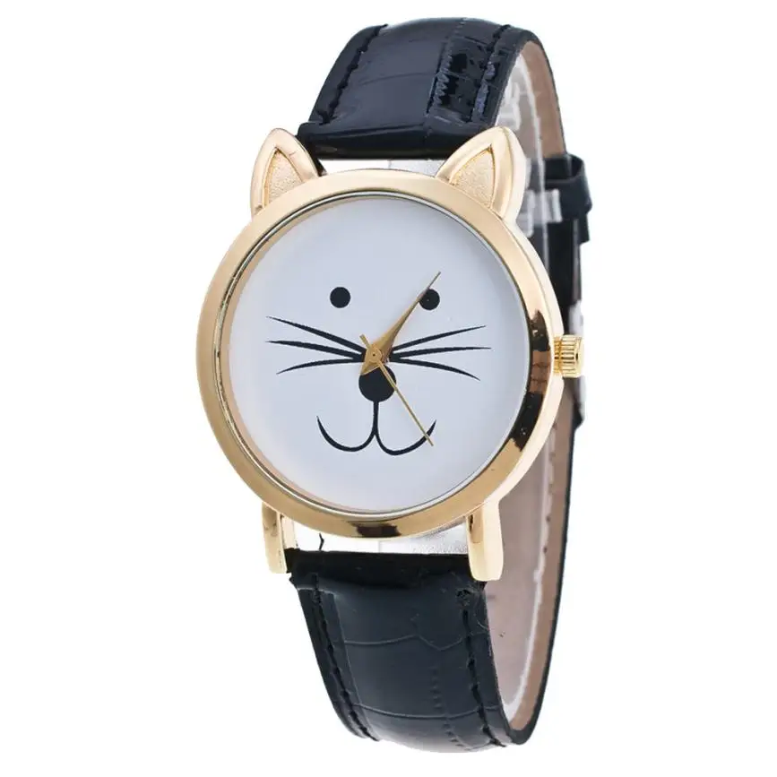 Высокое качество кожанные женские часы Новые Curren Cat Face Pattern кожаный ремешок