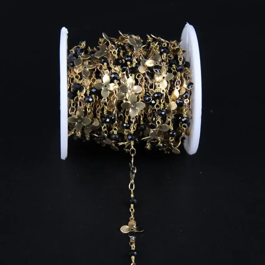 

Oil Drip Charm Chain,Copper Flower Link Black Glass Crystal Faceted Rondelle Brass Wire Wrapped Rosary Chain DIY Necklace Craft