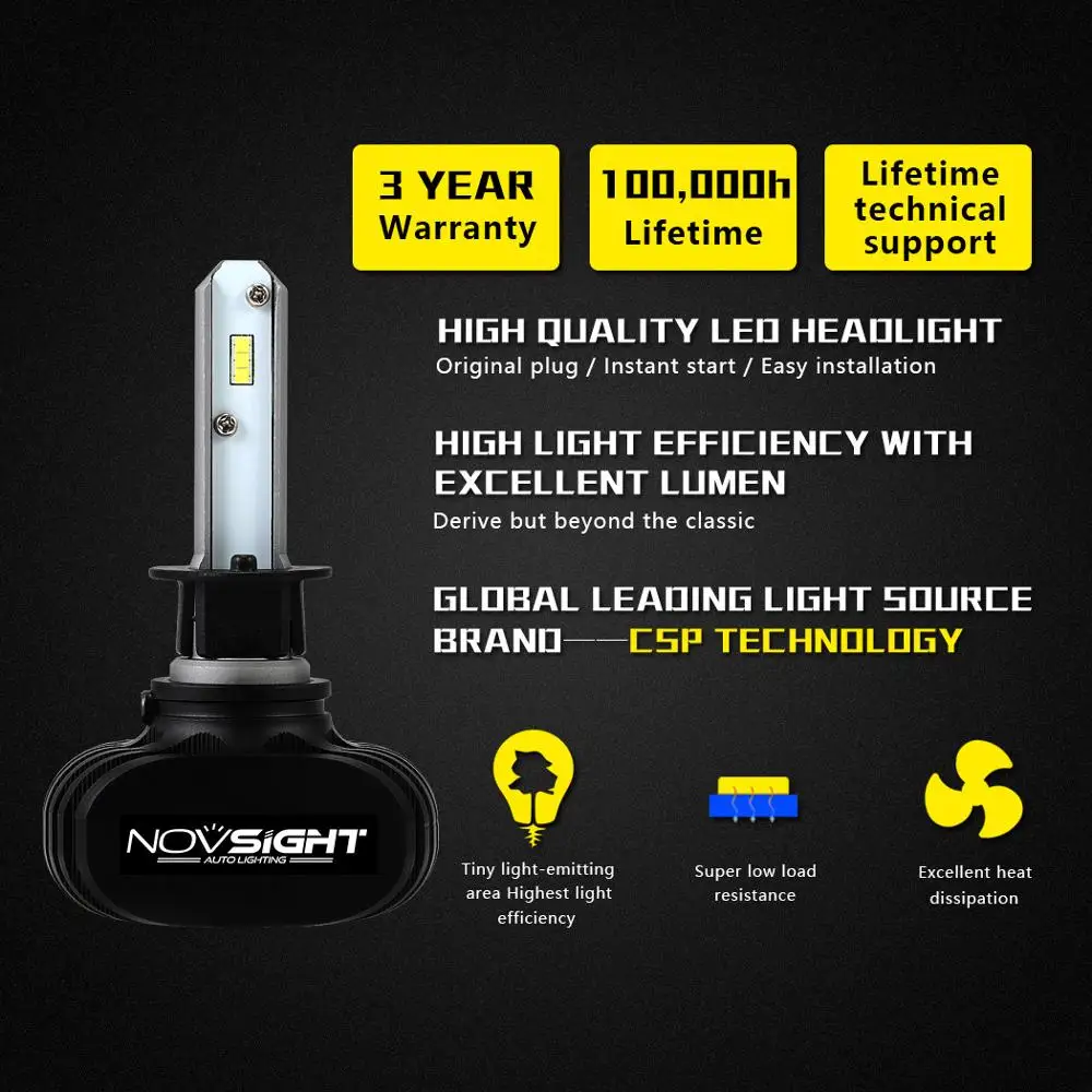 NOVSIGHT Высокая мощность 50 Вт 12 В H1 H4 H7 H11 светодиодный фары 9005 9006 6500 лм 360 к холодный белый ° угол освещения фары