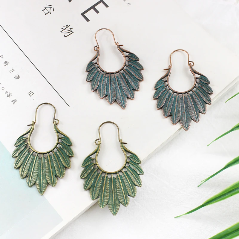 GDHY Bohemian Bronze Large ring Green Leaf Tassel Drop Earrings For Women Natural Real Leaf Earrings New Fashion Jewelry Gift