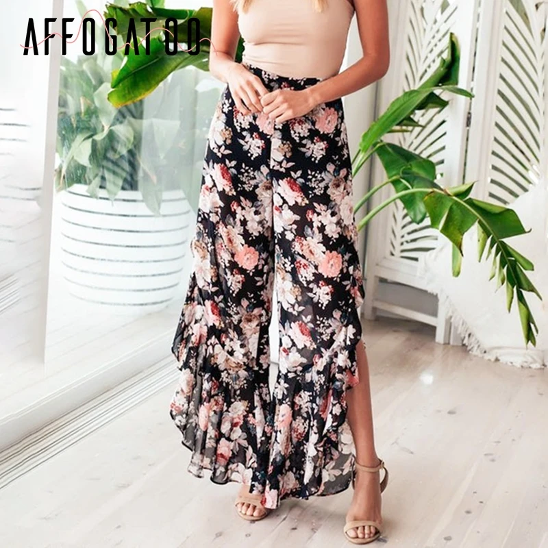 Affogatoo повседневное boho печати рюшами Лето пляжные брюки 2019 пикантные разделение