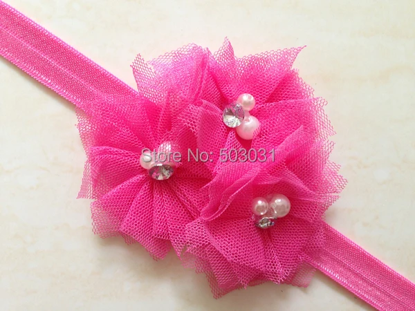 NEW 60pcs/lot 3XTull Mesh pearl flower Infant Baby Headbands Newborn Girls Hair Bands bows photograph props accessory |