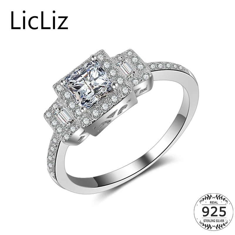 

LicLiz 925 Sterling Silver Square Solitaire Wedding Ring Pave CZ Eternity Band Engagement 3 Stone Big Stone Cocktail Ring LR0456
