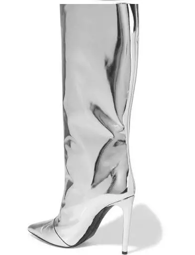Newest  Designer Silver Mirror Leather Boots Pointed Toe Thin Heel Mid Calf Night Club Boot Women Autumn Winter shoes woman