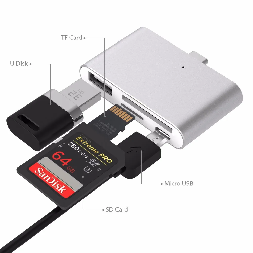 JZYuan 4 в 1 USB C концентратор с 2 TF слот для SD карты USB 2,0 концентратора OTG Card Reader USB 3,0 хаб для мобильного телефона MacBook Pro Тип C концентратора