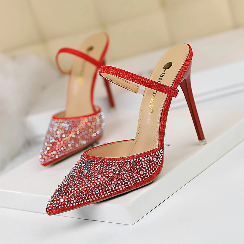 BIGTREE green sandals high heels summer shoes woman sexy rhinestone sandales femme 2019 stiletto shallow party sandalia feminina | Обувь