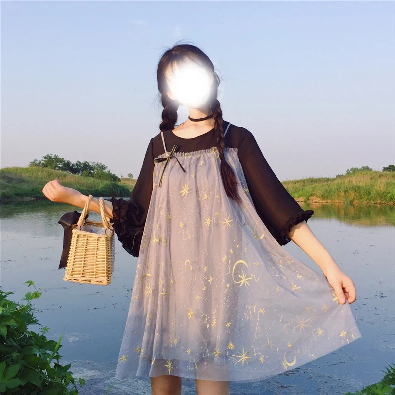Sweet Girl Women's Fall Fake-Two-Piece Mini Dress One Piece Net Yarn Star Embroidery 2018 Autumn Fairy Kei Flare Sleeve | Женская