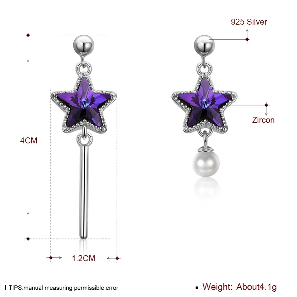 Женские асимметричные серьги Swarovski подвески с фиолетовыми звездами и жемчугом
